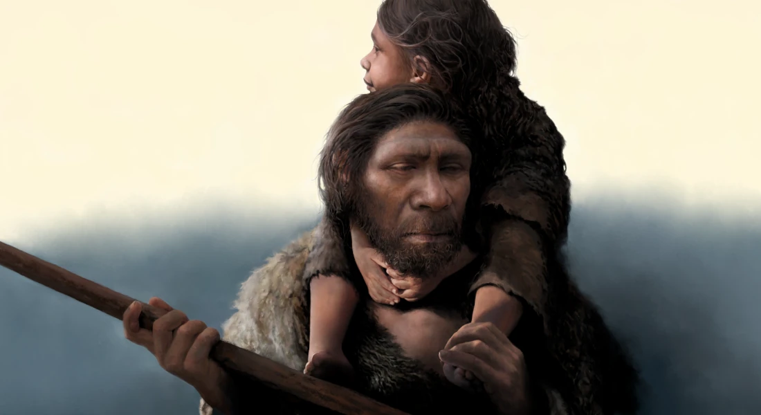 Illustration of a neanderthal father with weapon in hand, carrying his daughter on his back