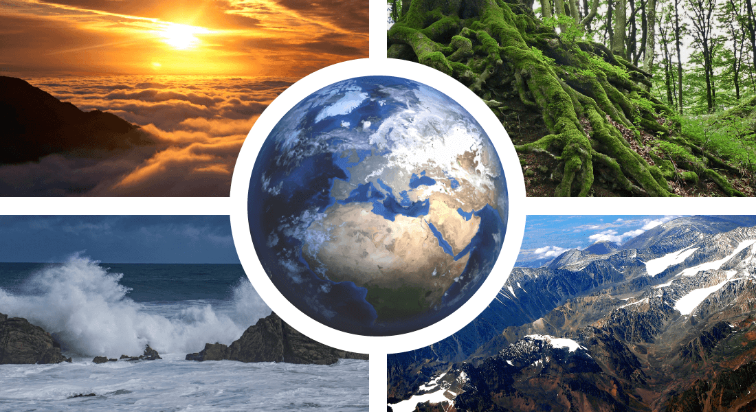 Image collage showing a glowing sunset, a forest, mountains, an ocean and the earth.